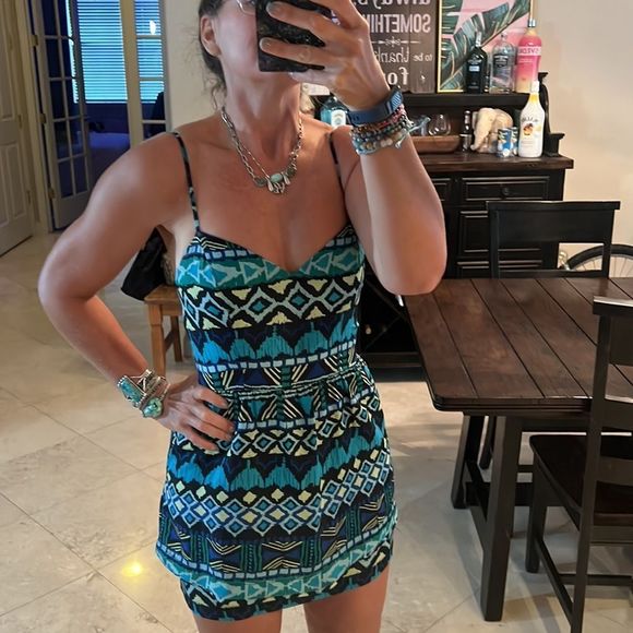 bebe Dresses & Skirts - Bebe Aztec Peacock Blue Layered Sleeveless Lined Polyester Dress